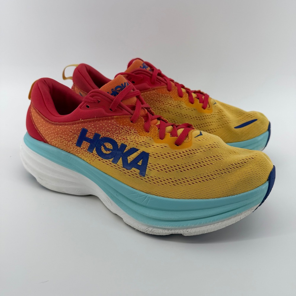 Hoka Bondi 8 Running Shoes Mens 12 2E Yellow Red Blue Wide 1127953 CRSCL - Picture 3 of 7